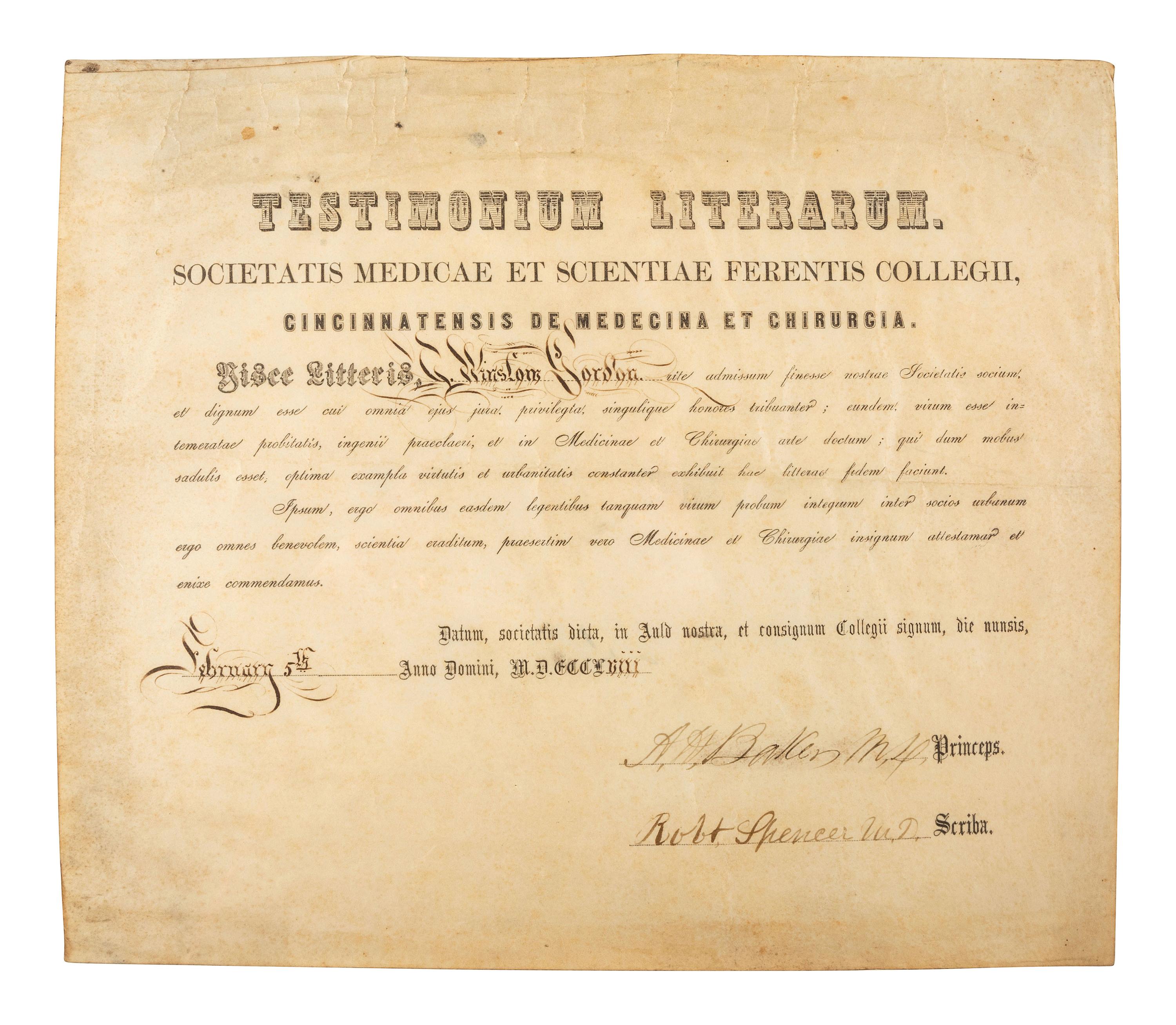[CIVIL WAR]. Papers of Dr. Thomas Winslow Gordon (1819-1900), Brigade Surgeon and surgeon in the 97th Ohio Volunteer Infantry, incl. description of the "Siege of Cincinnati" and Western Theater engagements.