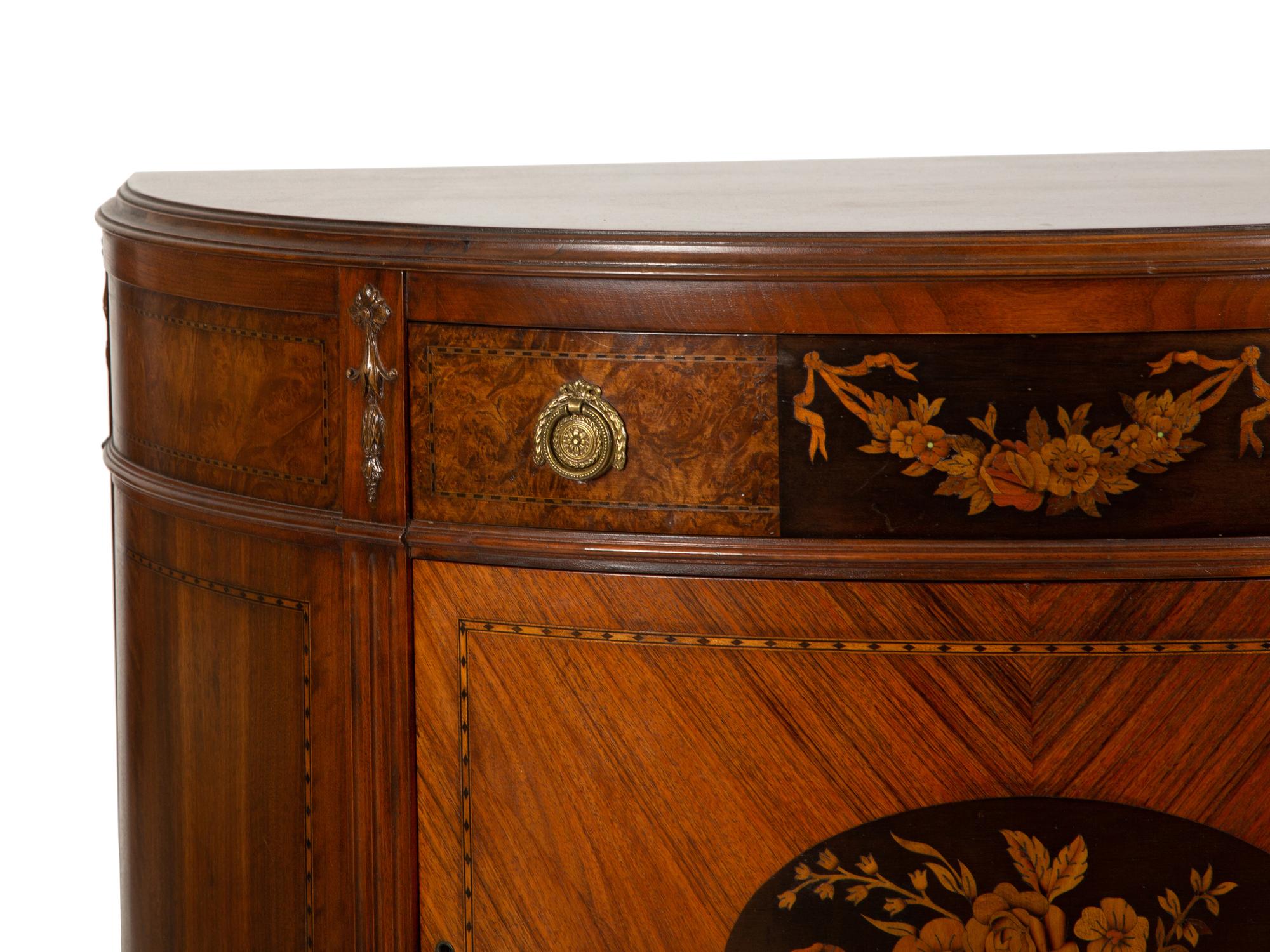 An English Fruitwood and Mahogany Marquetry Demilune Cabinet