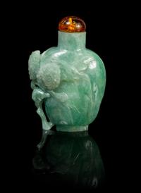 A Chinese Jadeite Snuff Bottle Height 2 x width 1 3/4 inches.