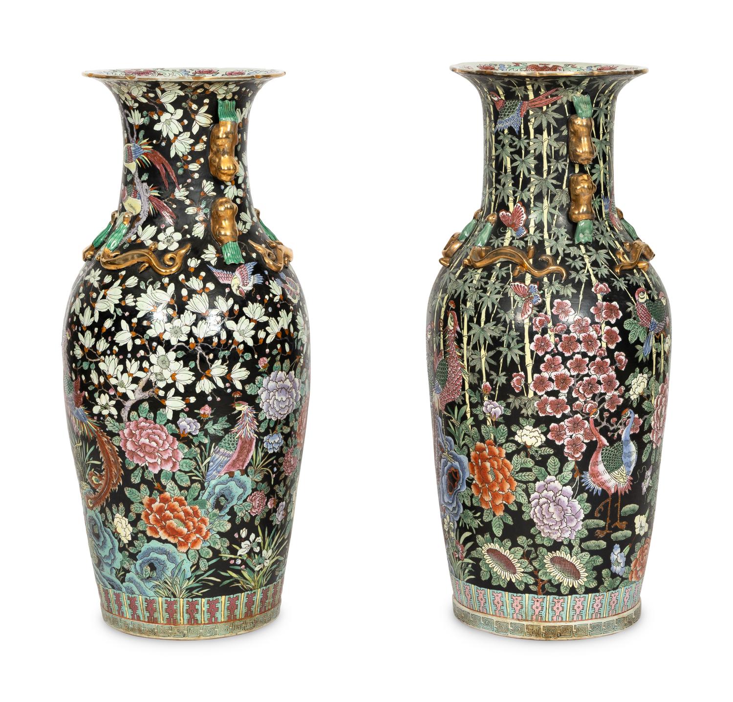 A Pair of Large Famille Noir Porcelain Floor Vases