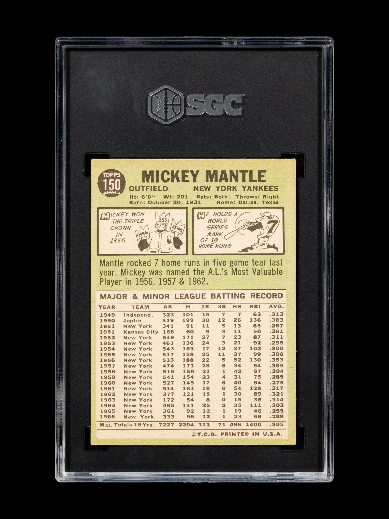 A 1967 Topps Mickey Mantle Baseball Card No. 150 (SGC 6 EX/NM)
