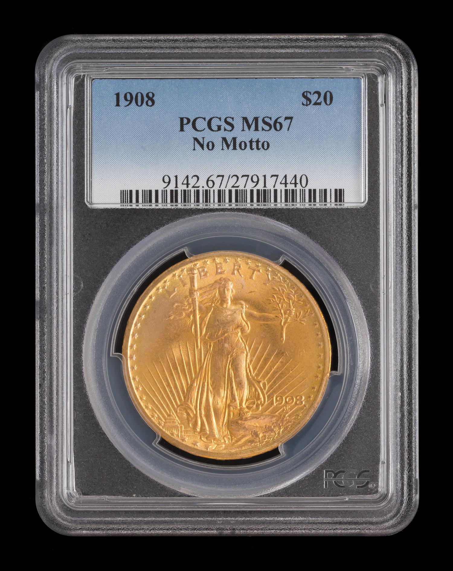 A United States 1908 Saint-Gaudens: No Motto $20 Gold Coin