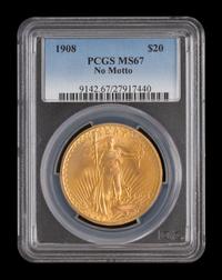 A United States 1908 Saint-Gaudens: No Motto $20 Gold Coin