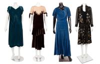 Four 1920-30s Dresses: Three Velvet, One Printed