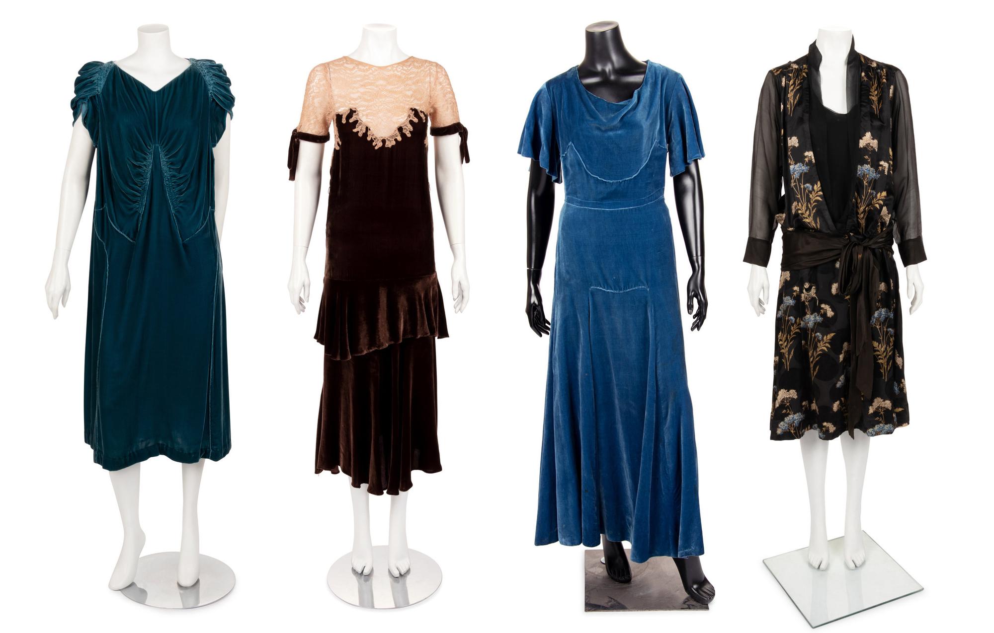 Four 1920-30s Dresses: Three Velvet, One Printed