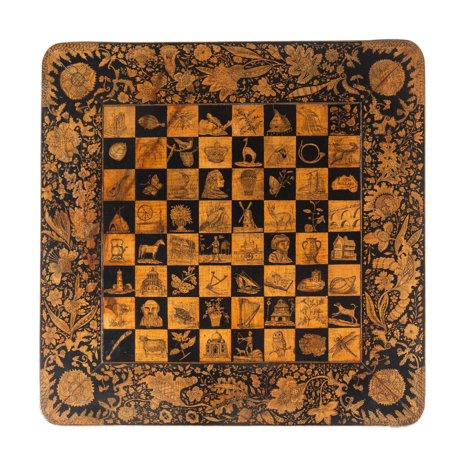 A Regency Penwork, Ebonized and Cream-Painted Game Table