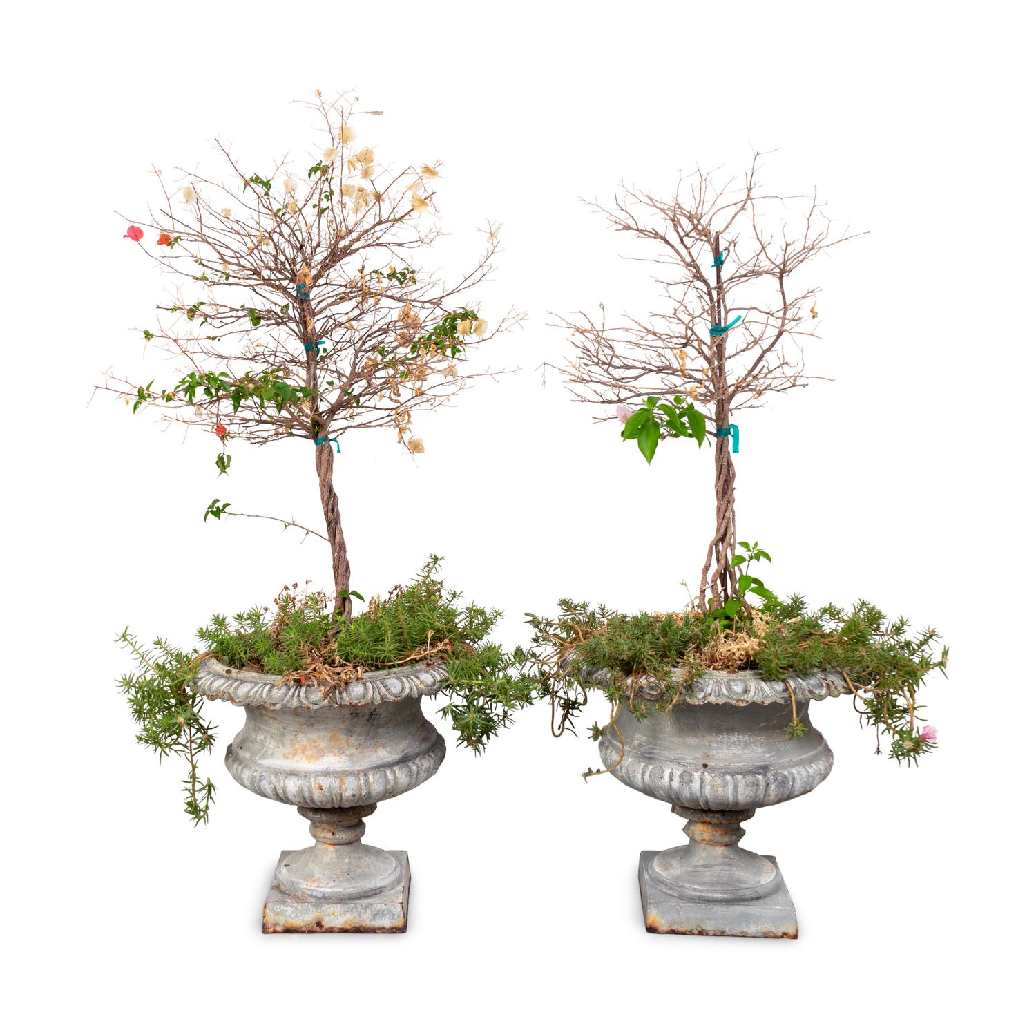 A Pair of Silver-Painted Campana-Form Garden Urns