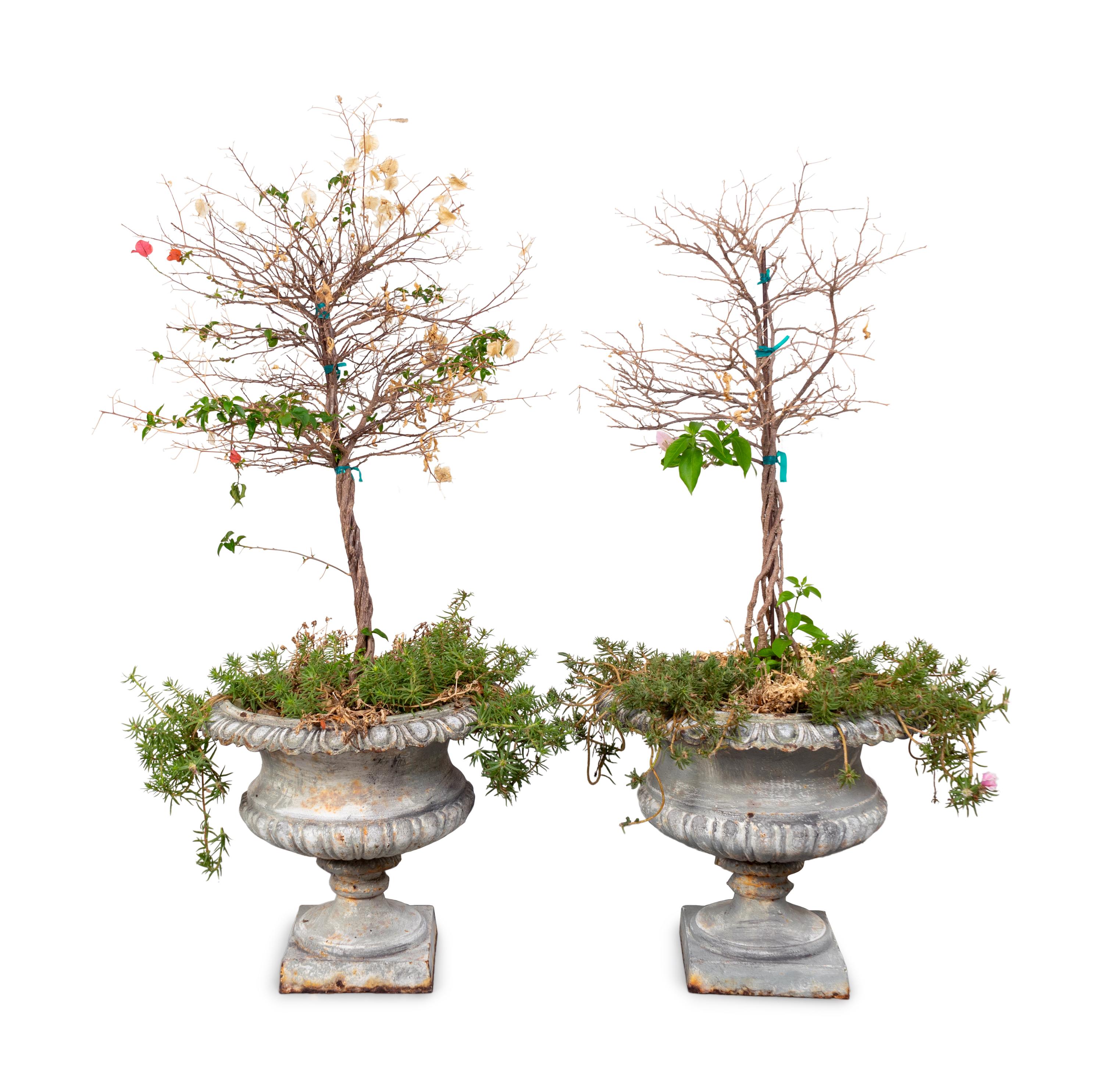 A Pair of Silver-Painted Campana-Form Garden Urns