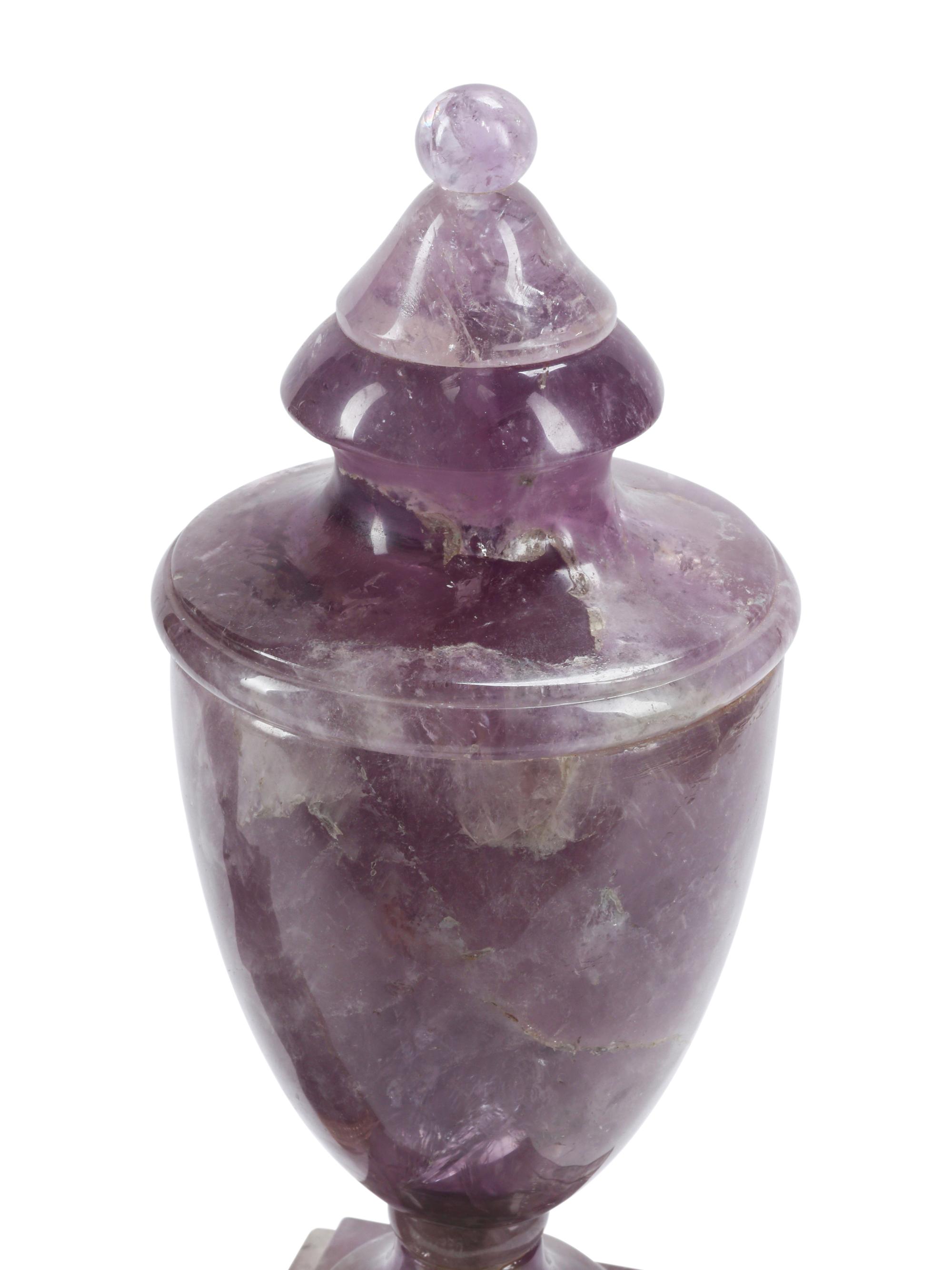 A Pair of Jeweled Amethyst Urns on Giltwood Bases