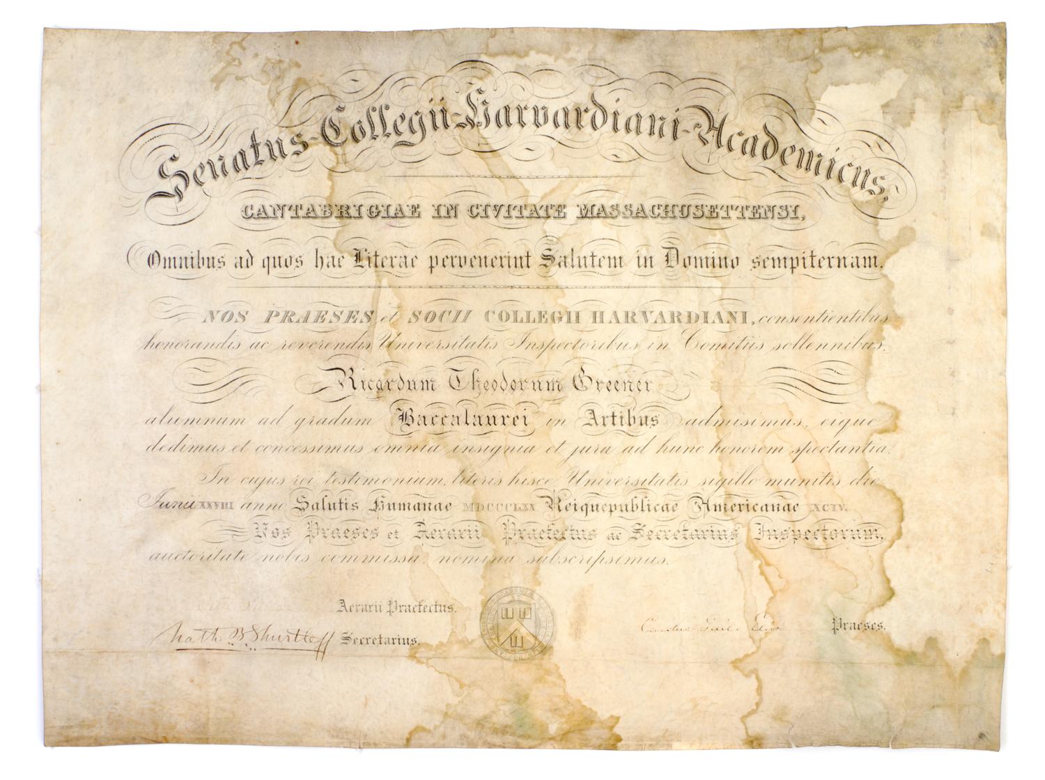 GREENER, RICHARD T. B.A. Diploma of first African-American Harvard alumnus, June 28, 1870.