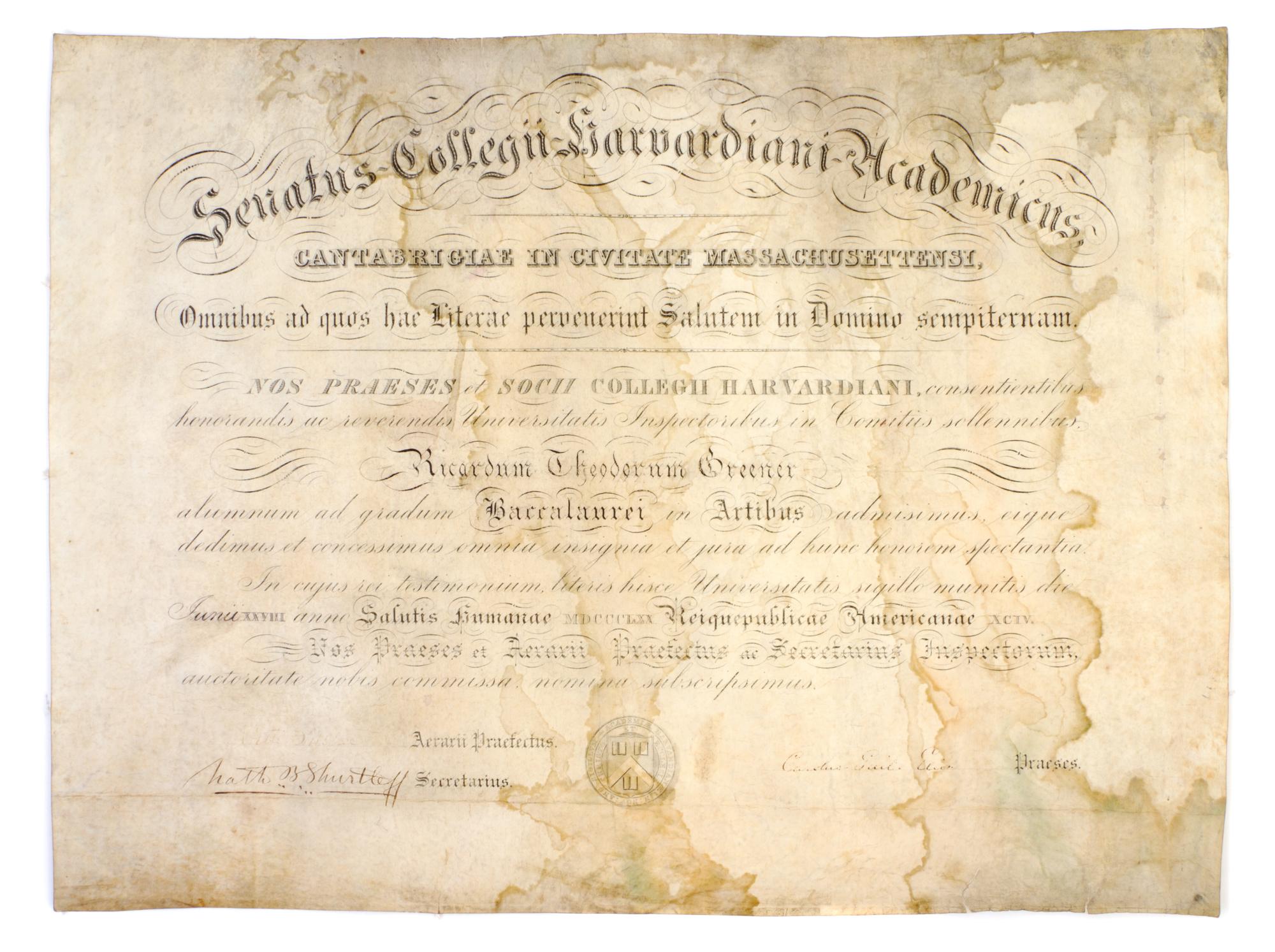 GREENER, RICHARD T. B.A. Diploma of first African-American Harvard alumnus, June 28, 1870.