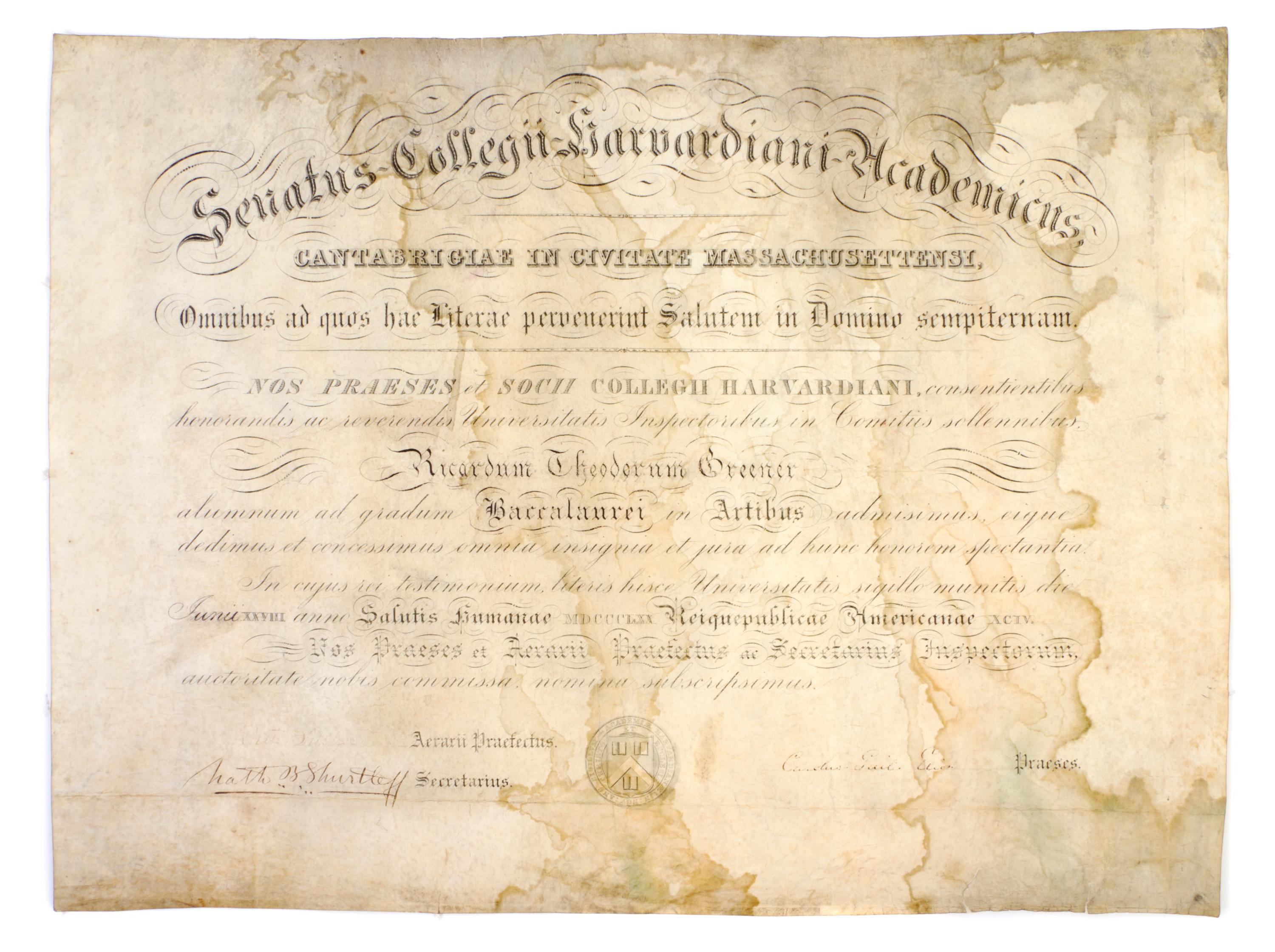 GREENER, RICHARD T. B.A. Diploma of first African-American Harvard alumnus, June 28, 1870.