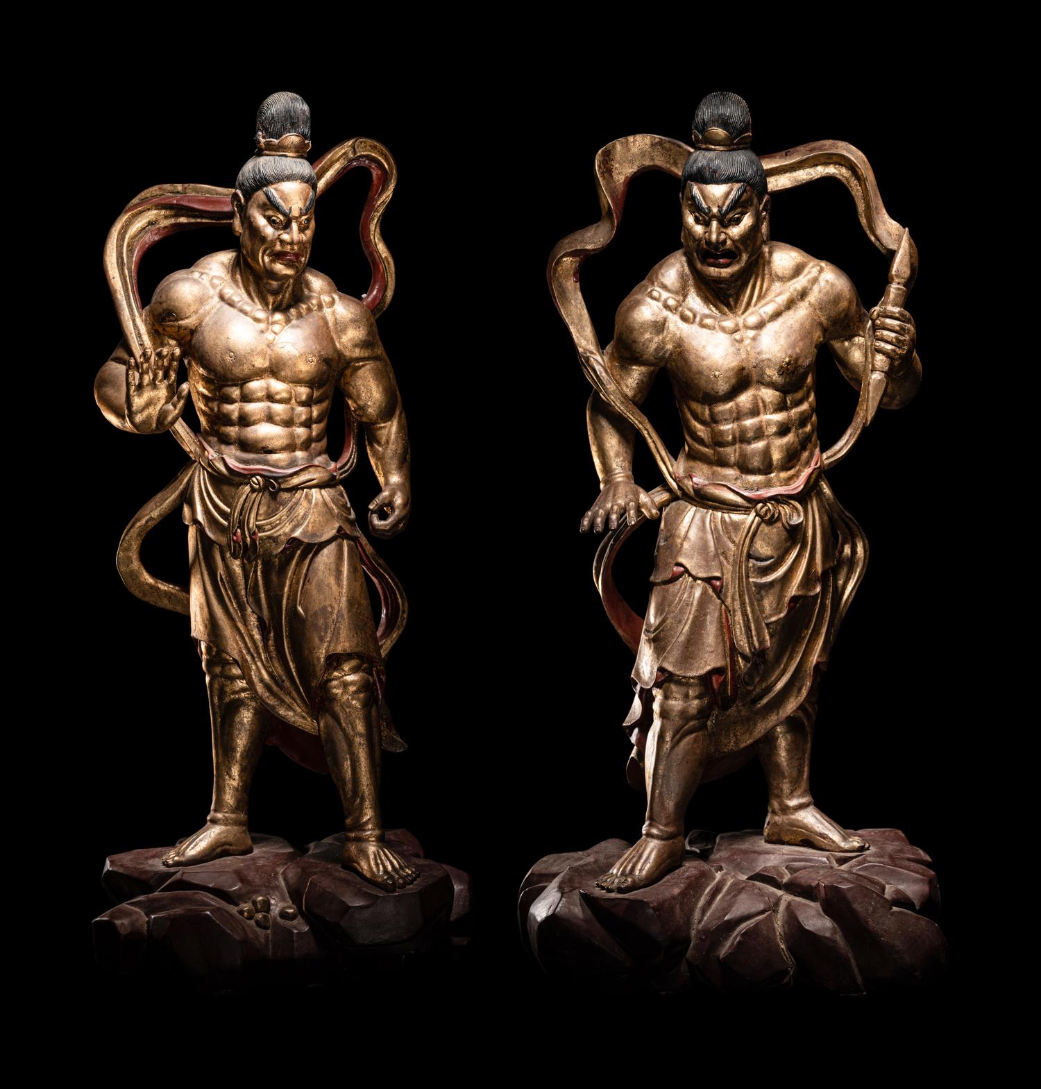 A Pair of Chinese Gilt and Red Lacquered Wood Figures of Wrathful Guardians
