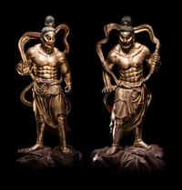 A Pair of Chinese Gilt and Red Lacquered Wood Figures of Wrathful Guardians
