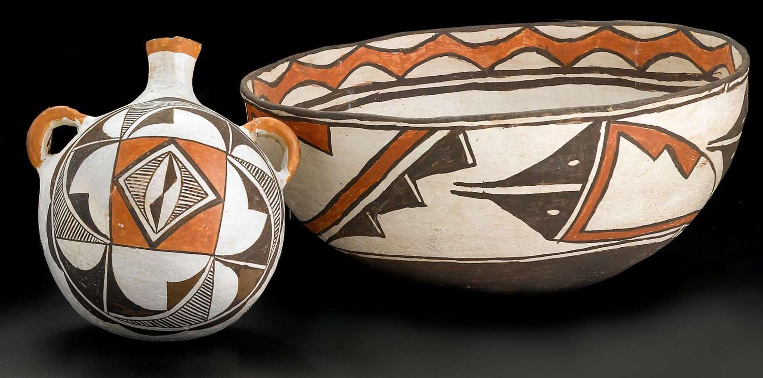 Large Zuni polychrome pottery bowl and a canteen zuni, new mexico, circa 1950