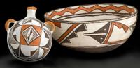 Large Zuni polychrome pottery bowl and a canteen zuni, new mexico, circa 1950