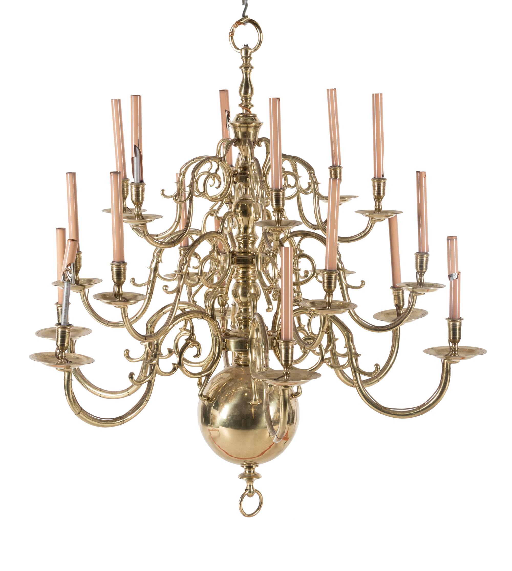 A Dutch Baroque Style Brass Eighteen-Light Chandelier