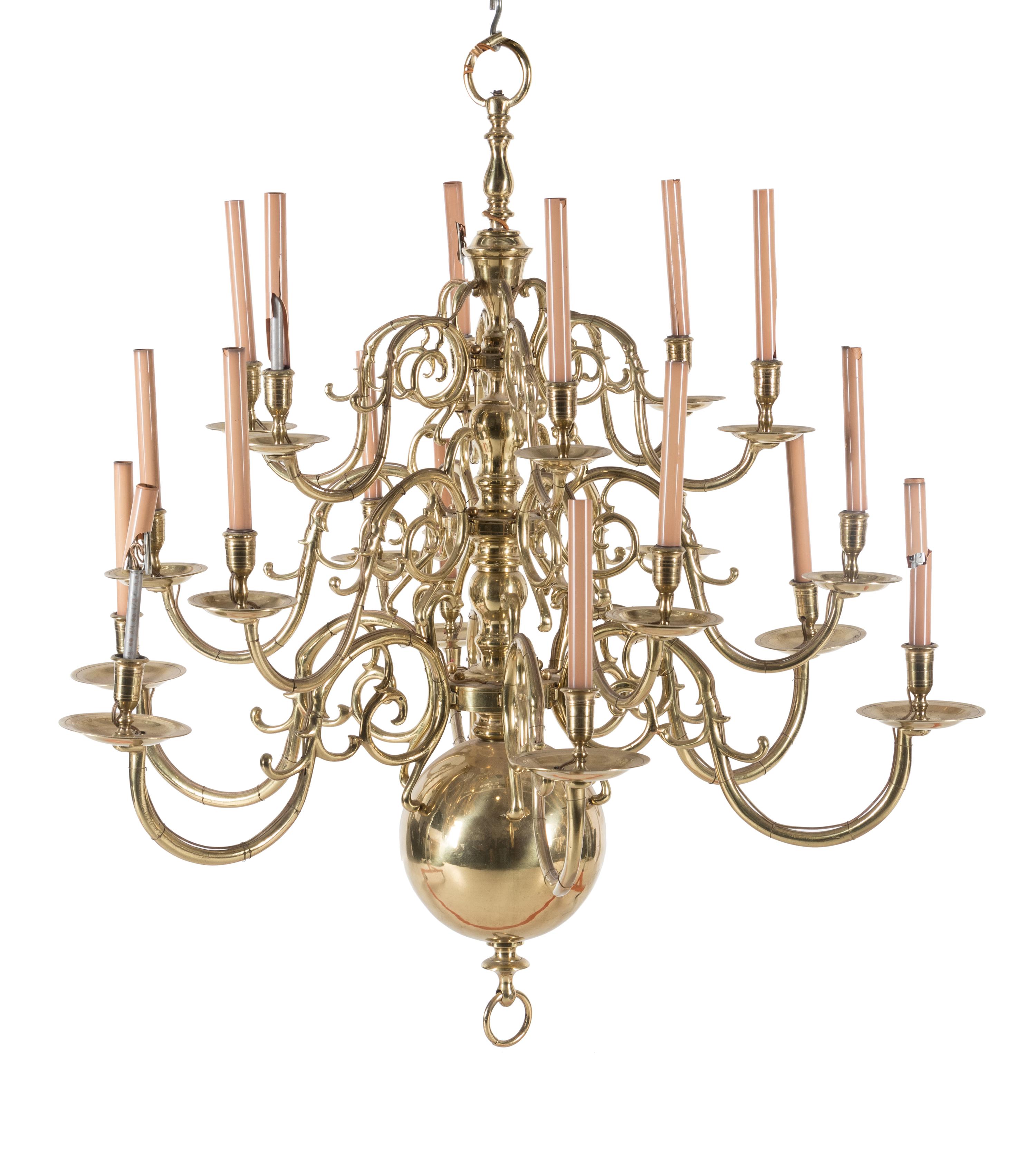 A Dutch Baroque Style Brass Eighteen-Light Chandelier