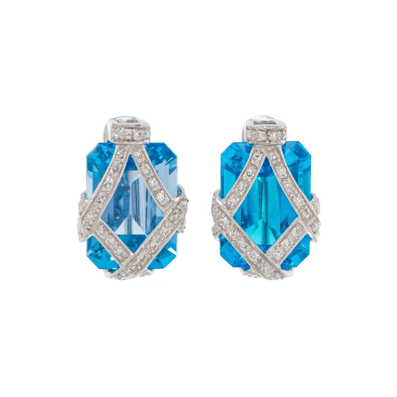 BLUE TOPAZ AND DIAMOND EARCLIPS