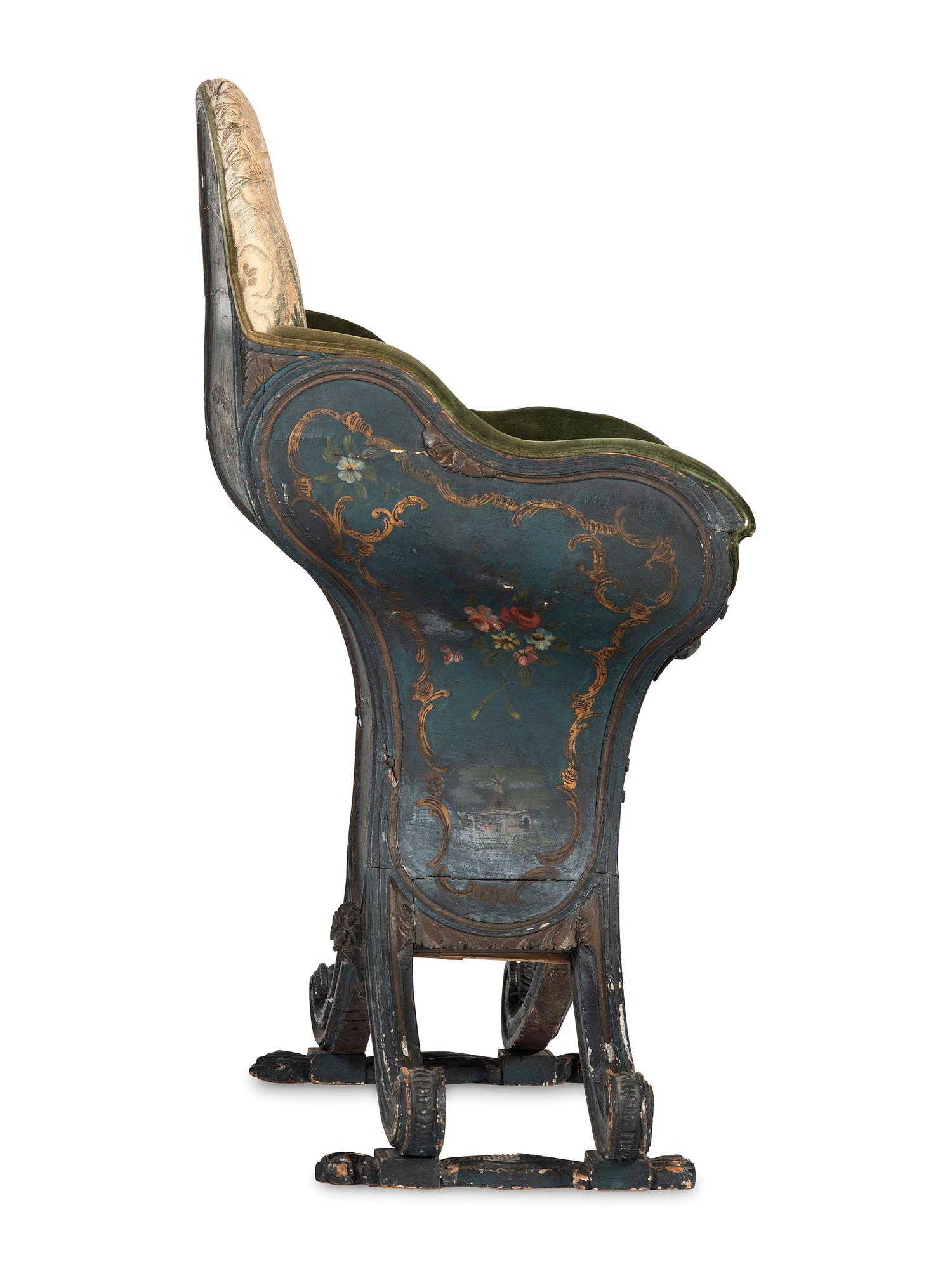 A Venetian Blue and Polychrome Decorated Parcel Gilt and Carved Wood Gondola Chair