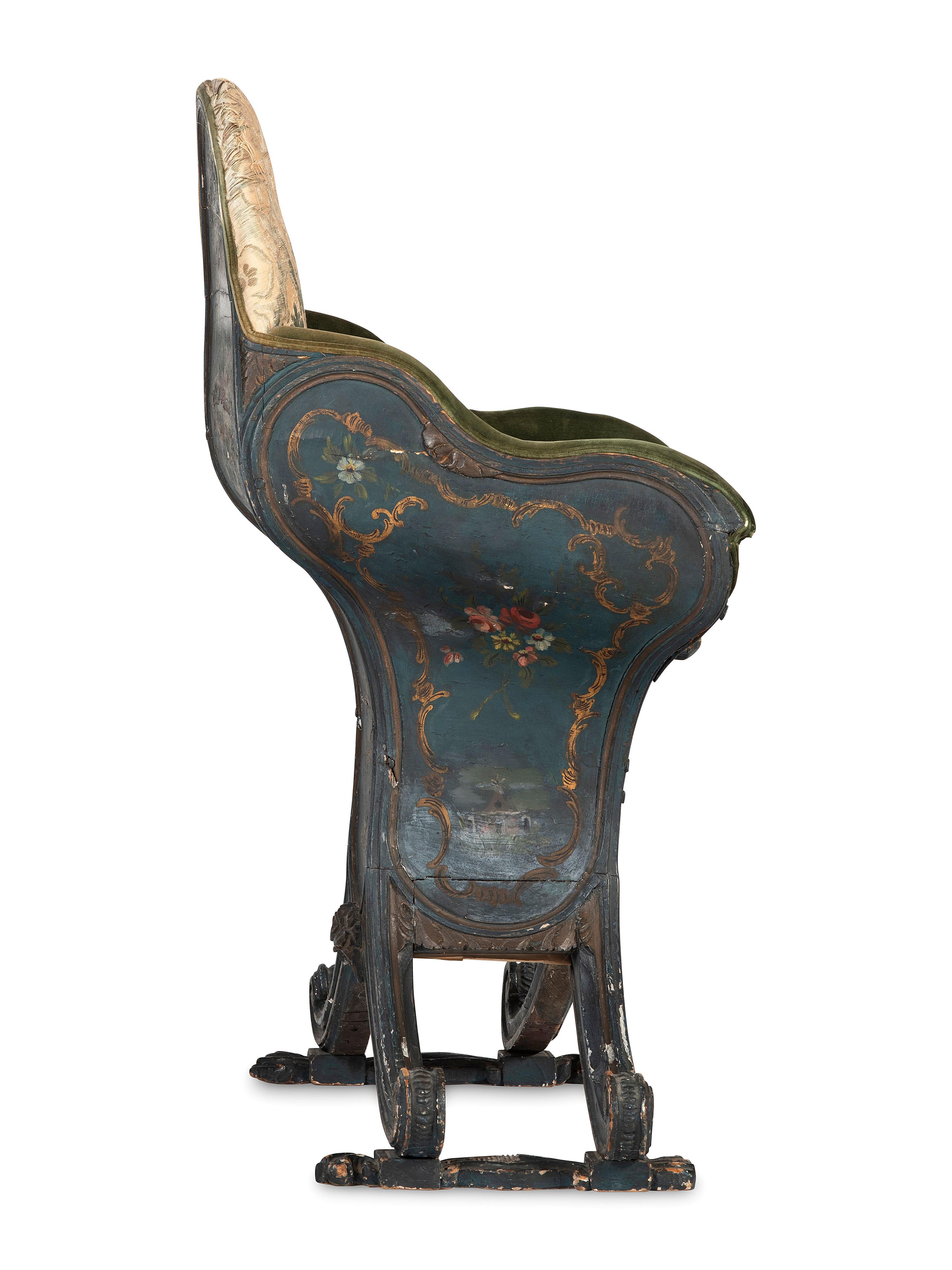 A Venetian Blue and Polychrome Decorated Parcel Gilt and Carved Wood Gondola Chair