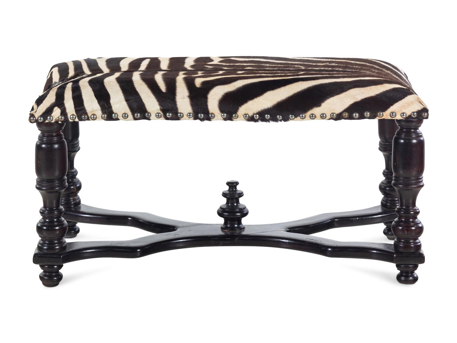 A William IV Ebonized Wood Zebra Hide Upholstered Bench