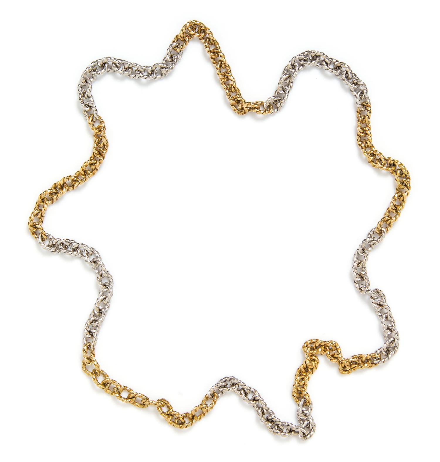 An 18 Karat Two Tone Gold Fancy Link Necklace, 42.80 dwts.