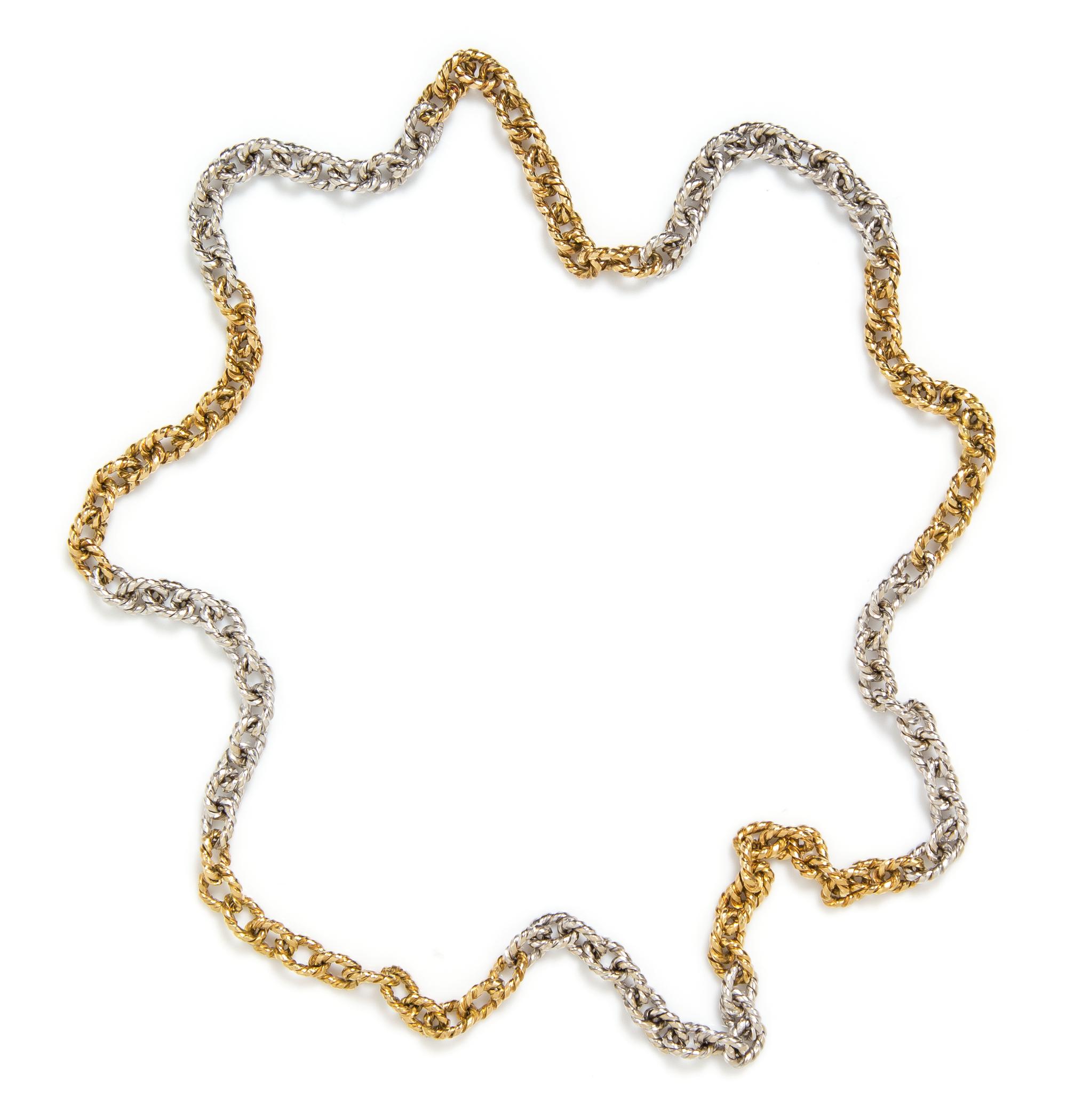 An 18 Karat Two Tone Gold Fancy Link Necklace, 42.80 dwts.