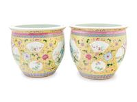 A Pair of Chinese Export Yellow Ground Enameled Porcelain Jardinières