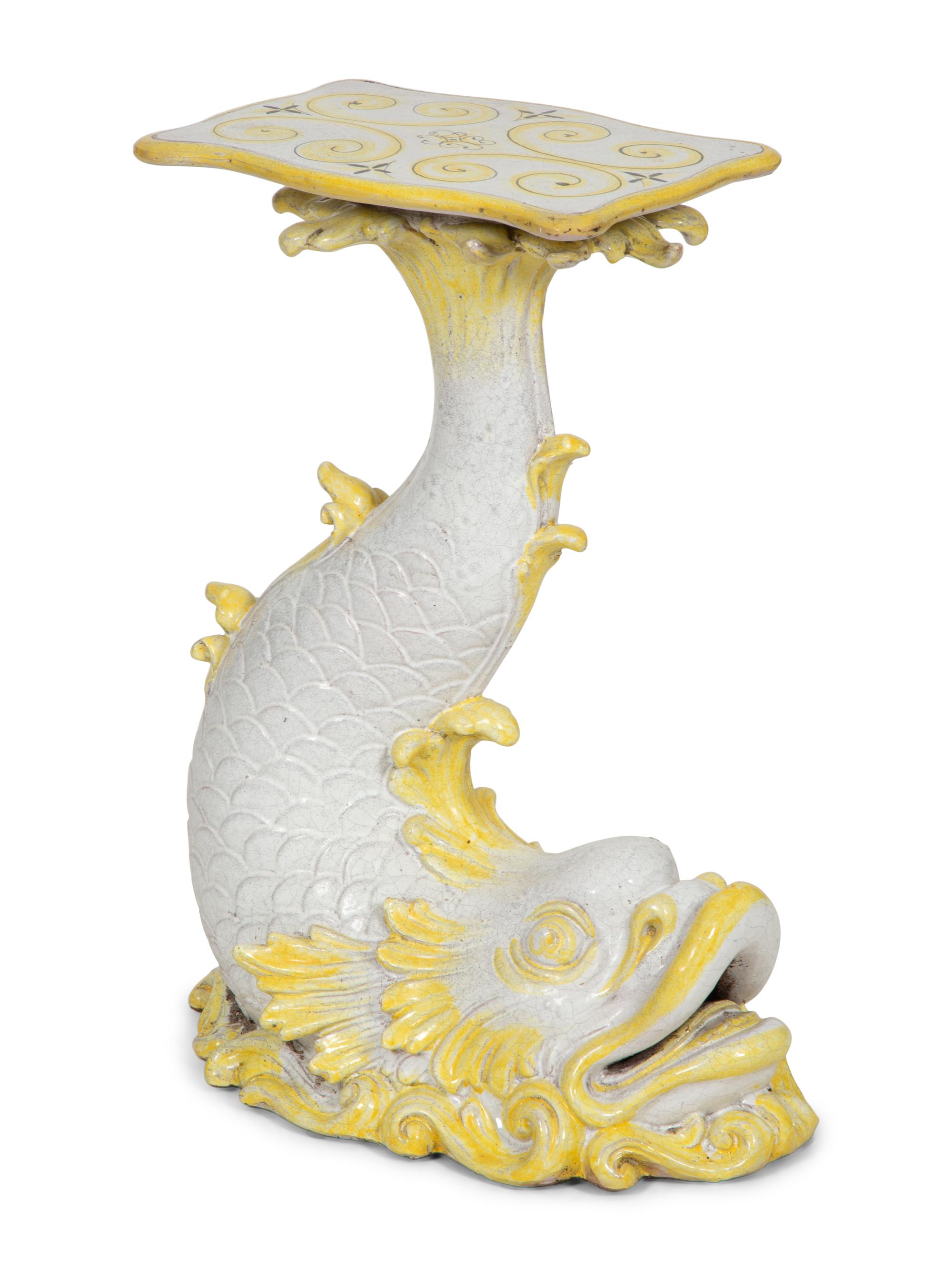An Italian Glazed Ceramic Dolphin Base Side Table