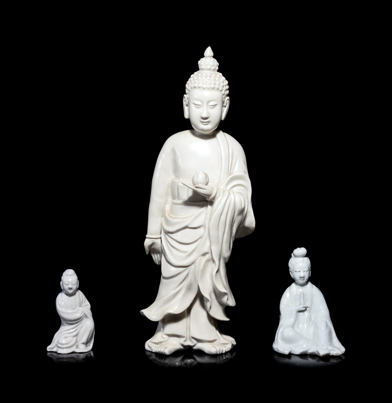 Three Chinese Blanc-de-Chine 'Dehua' Glazed Porcelain Figures