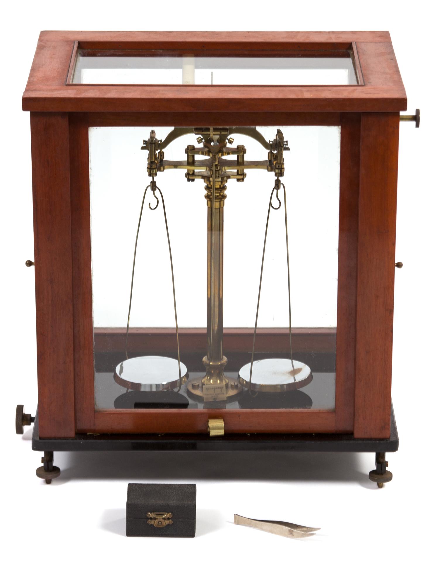 An English Jewelry Balance Scale Case height 16 1/2 x width 14 1/2 x depth 10 inches. — TOWSON & MERCER, LONDON, 20TH CENTURY