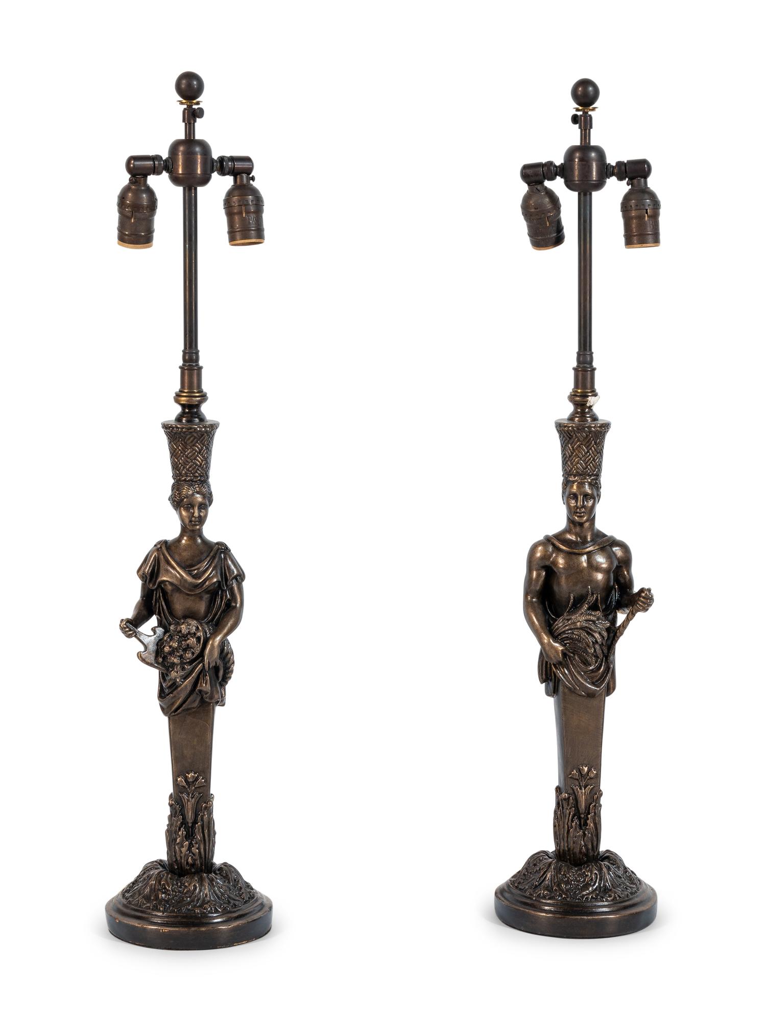 A Pair of Neoclassical Style Bronzed Plaster Herm Lamps