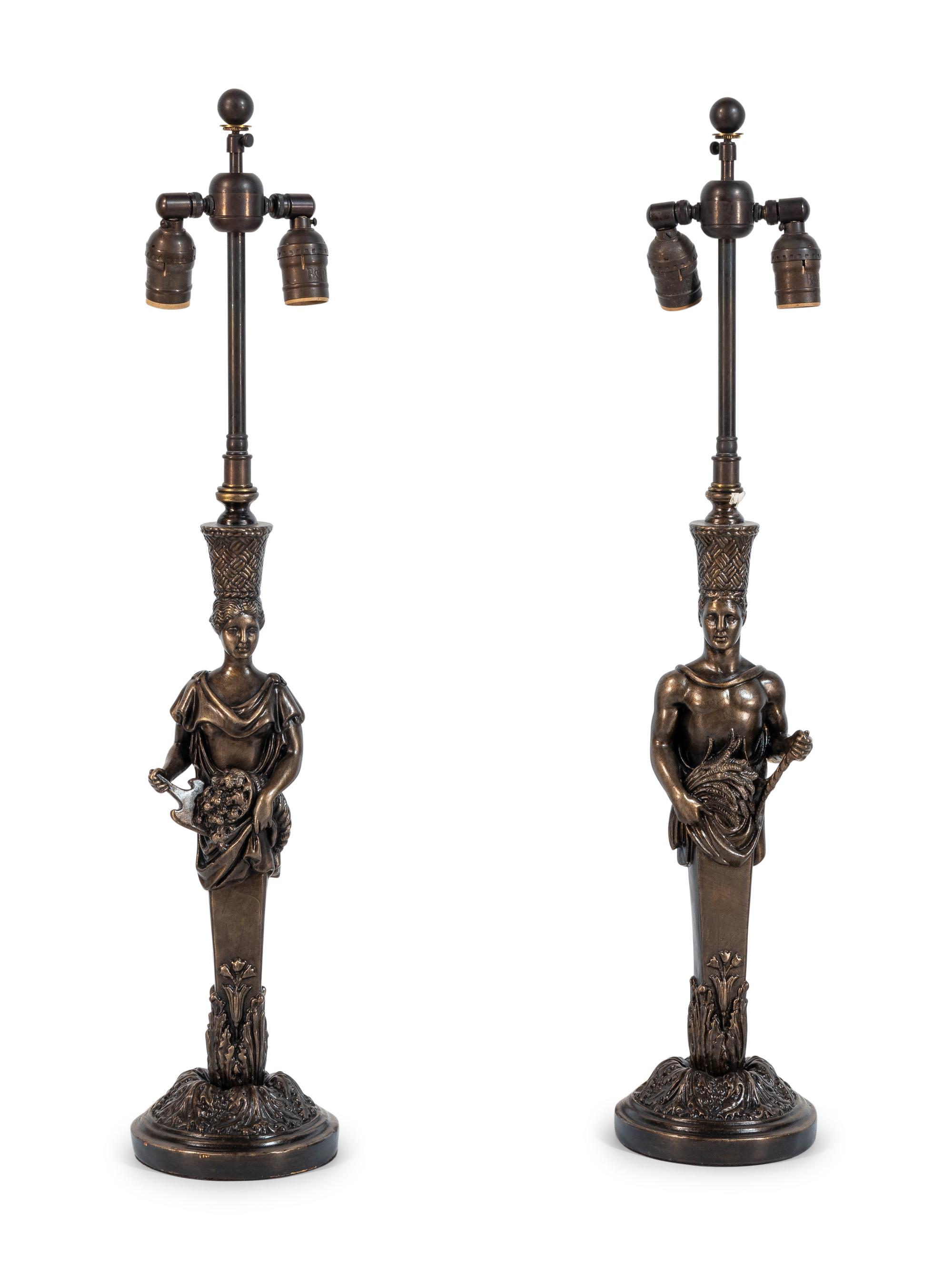 A Pair of Neoclassical Style Bronzed Plaster Herm Lamps
