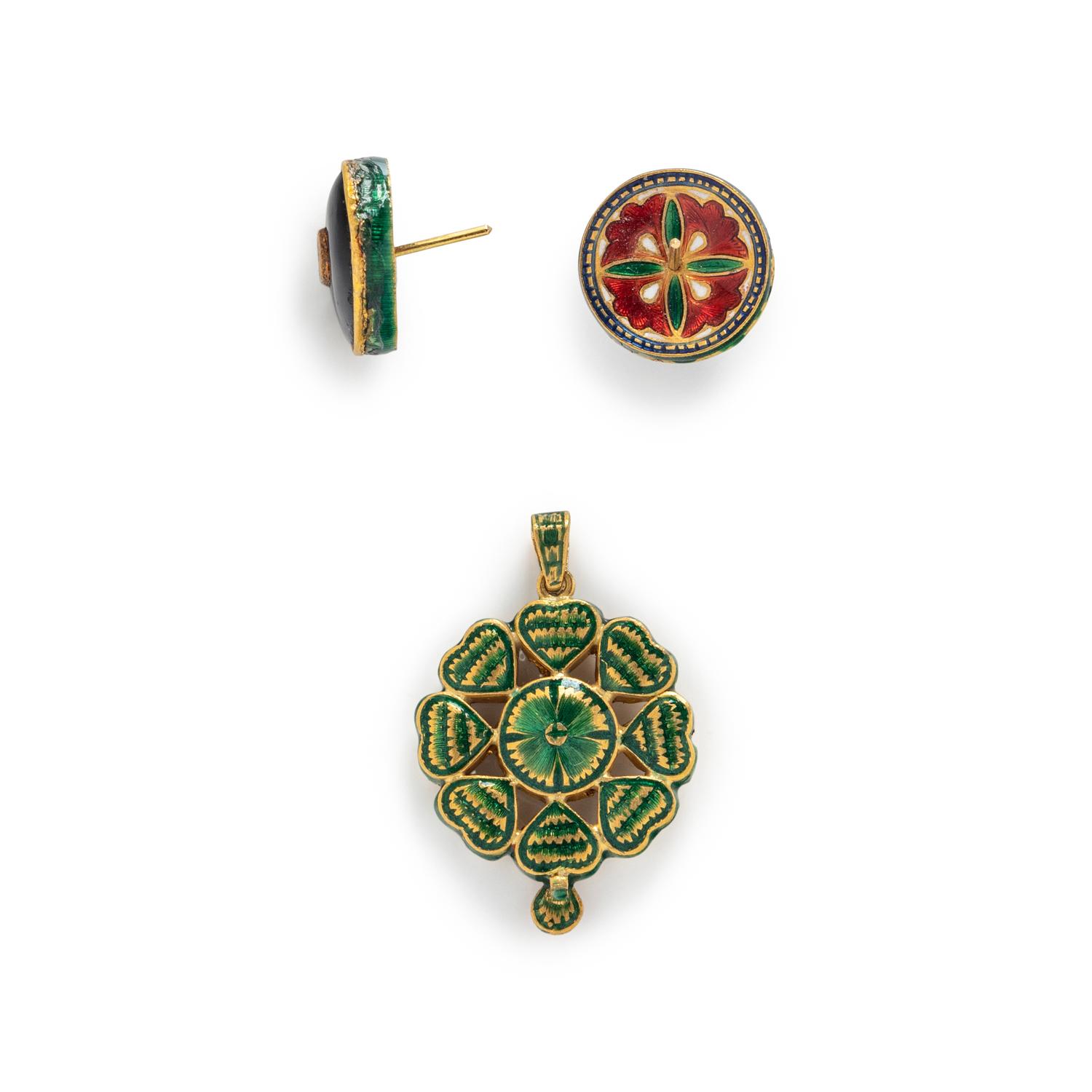 ENAMEL AND DIAMOND PENDANT AND EARRINGS