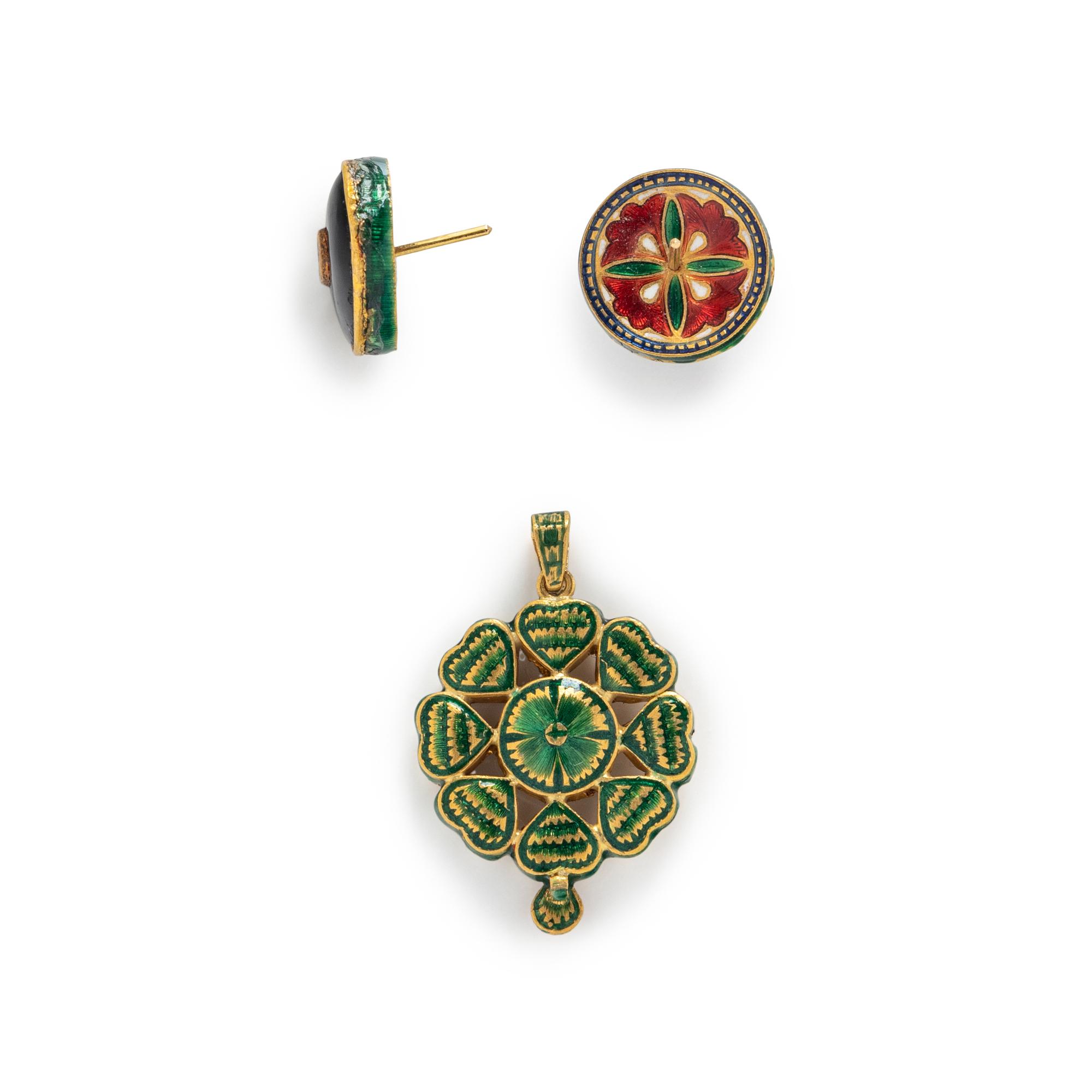 ENAMEL AND DIAMOND PENDANT AND EARRINGS