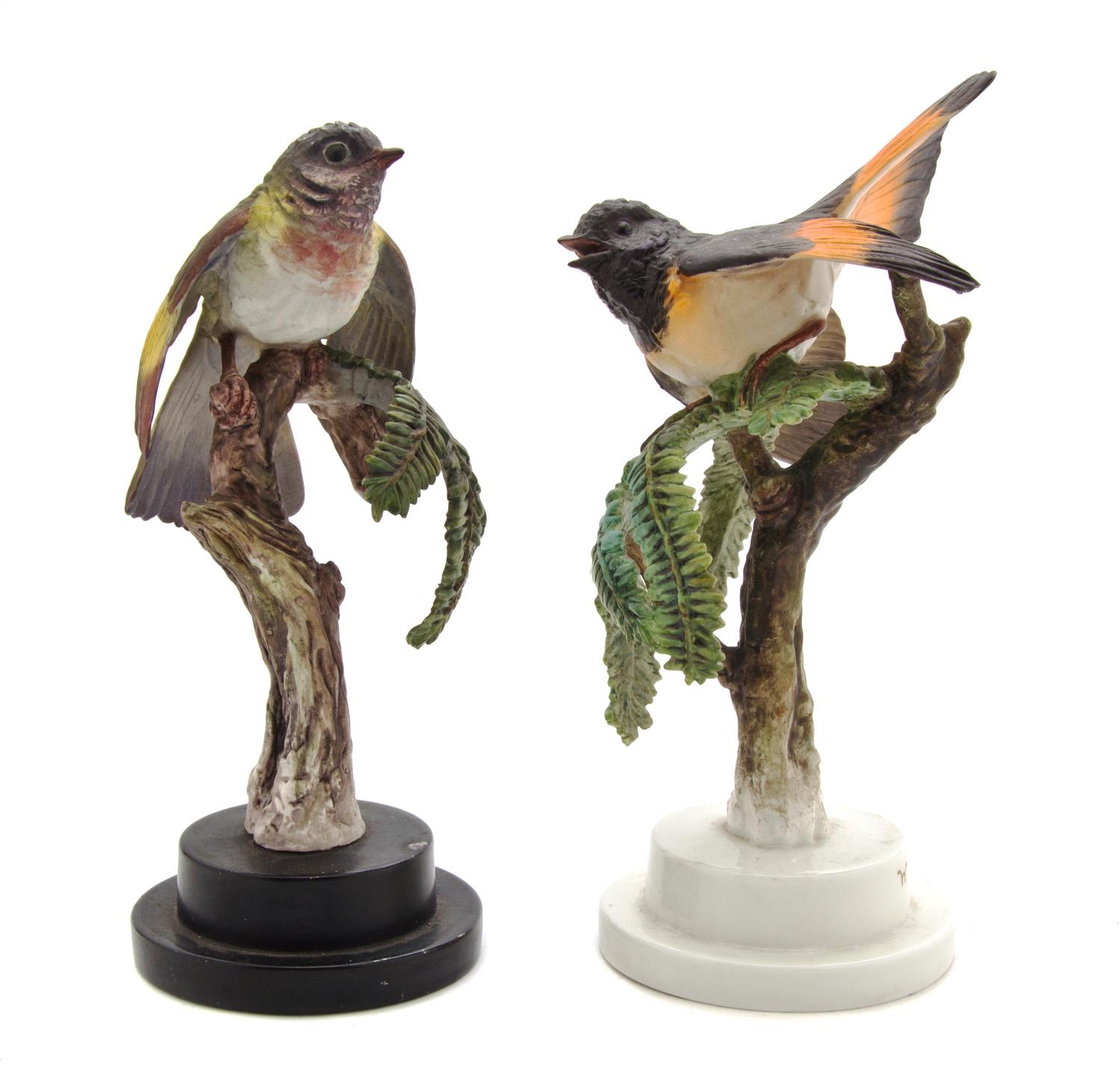 A Pair of Royal Worcester Dorothy Doughty Birds, American Redstarts, Height of taller 9 1/4 inches.