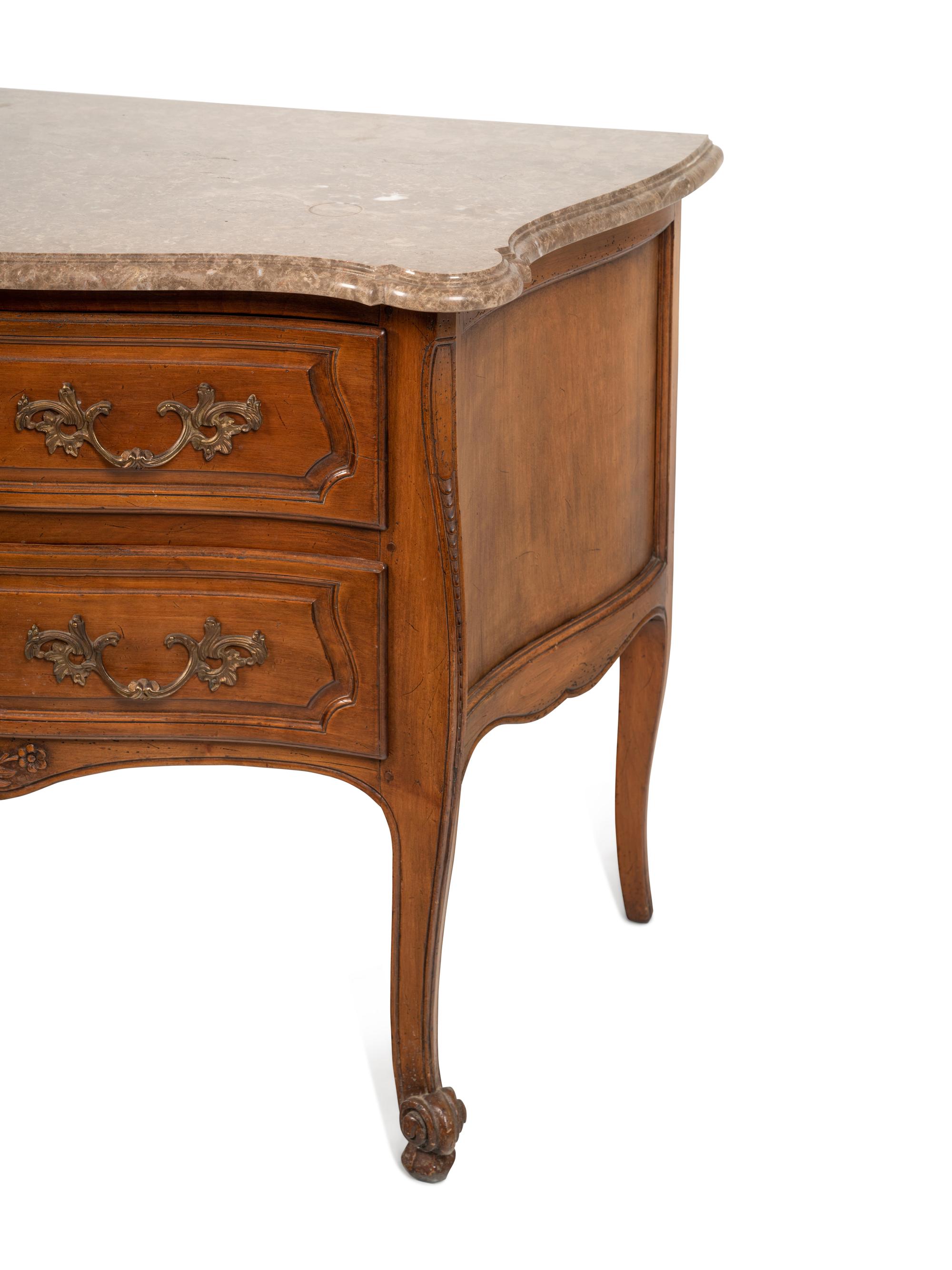 A Louis XV Style Walnut Marble-Top Commode