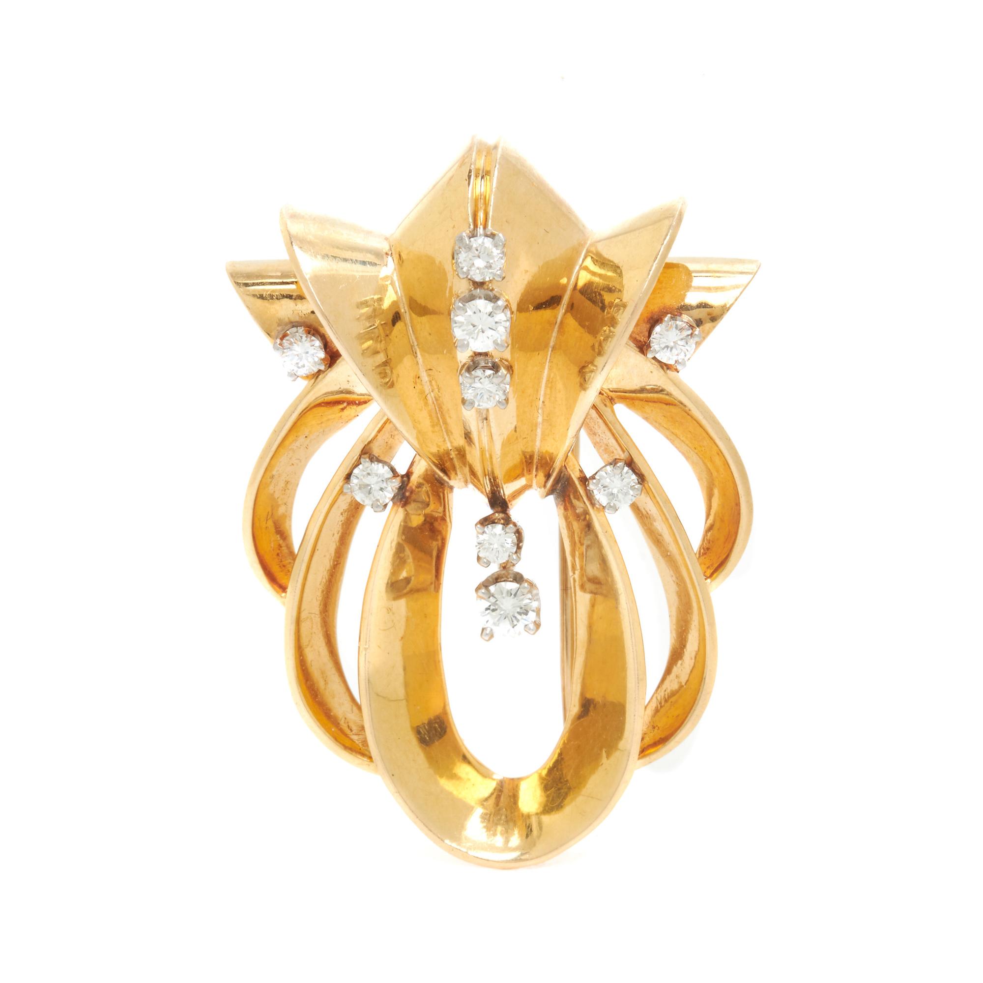 CARTIER, RETRO, YELLOW GOLD AND DIAMOND BROOCH