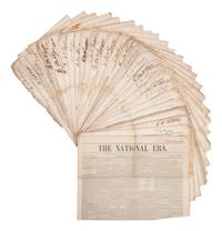 STOWE, Harriet Beecher. Uncle Tom's Cabin . Serialized in: The National Era . Volume V, Nos. 23, 25, 26, 27, 28, 30, 31, 32, 33, 34, 34 [typographical error], 35, 37, 38, 39, 40, 41, 42, 43, 45, 47, 48, 49, 50, 51, and 52. Washington, D.C.: June 5, 1851-December 25, 1851.