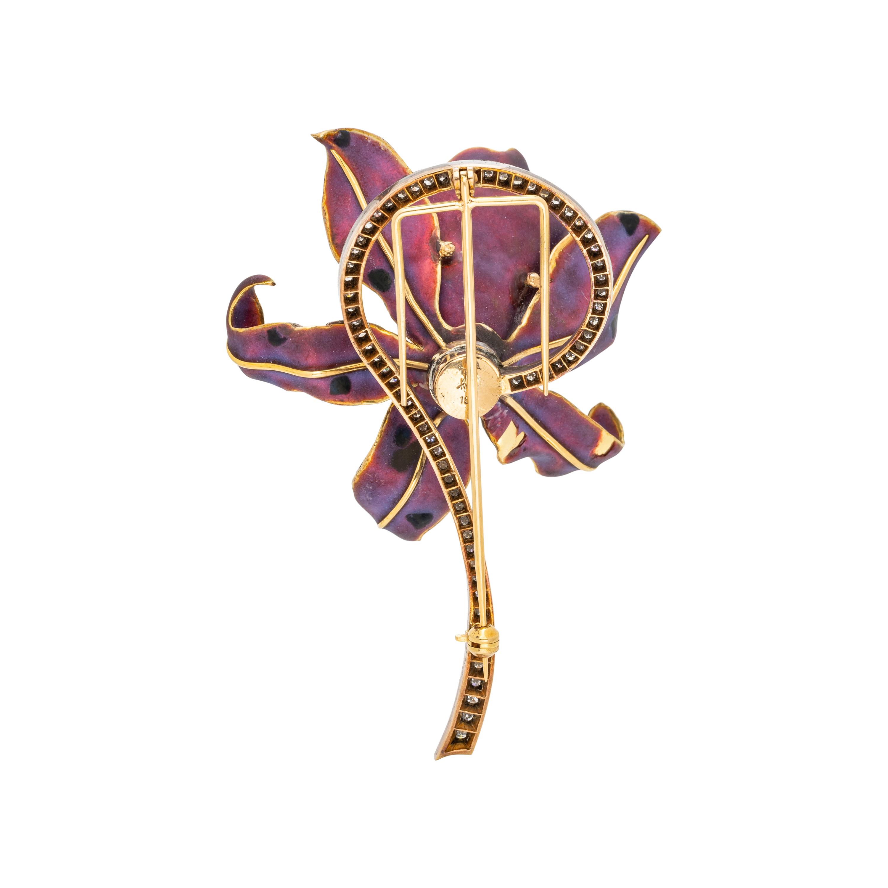 AVEDIS KENDIR, SILVER-TOPPED GOLD, ENAMEL AND DIAMOND CORSAGE BROOCH