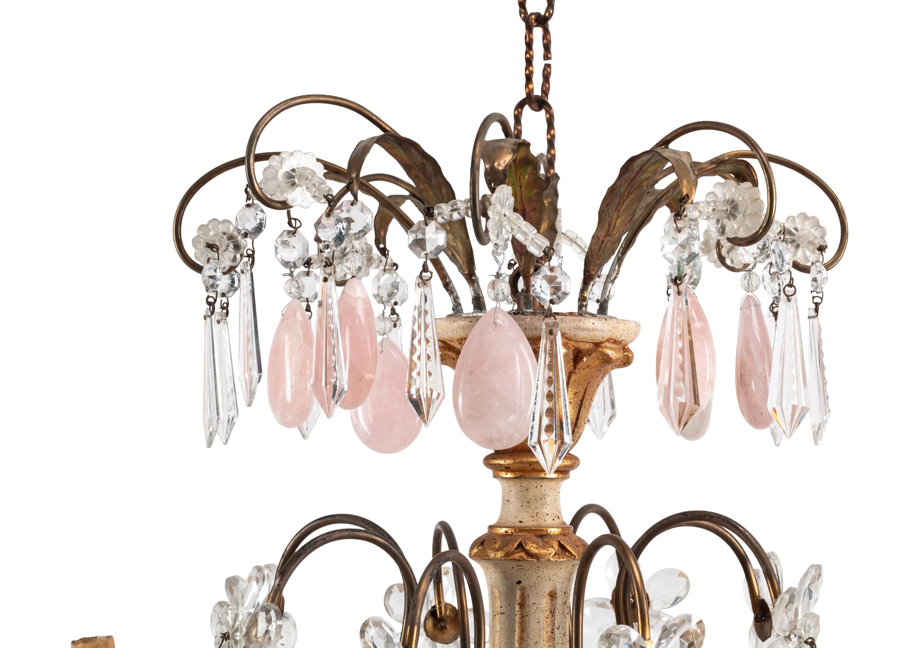 An Italian Neoclassical Style Painted and Parcel Gilt Wood, Metal and Rock Crystal Chandelier
