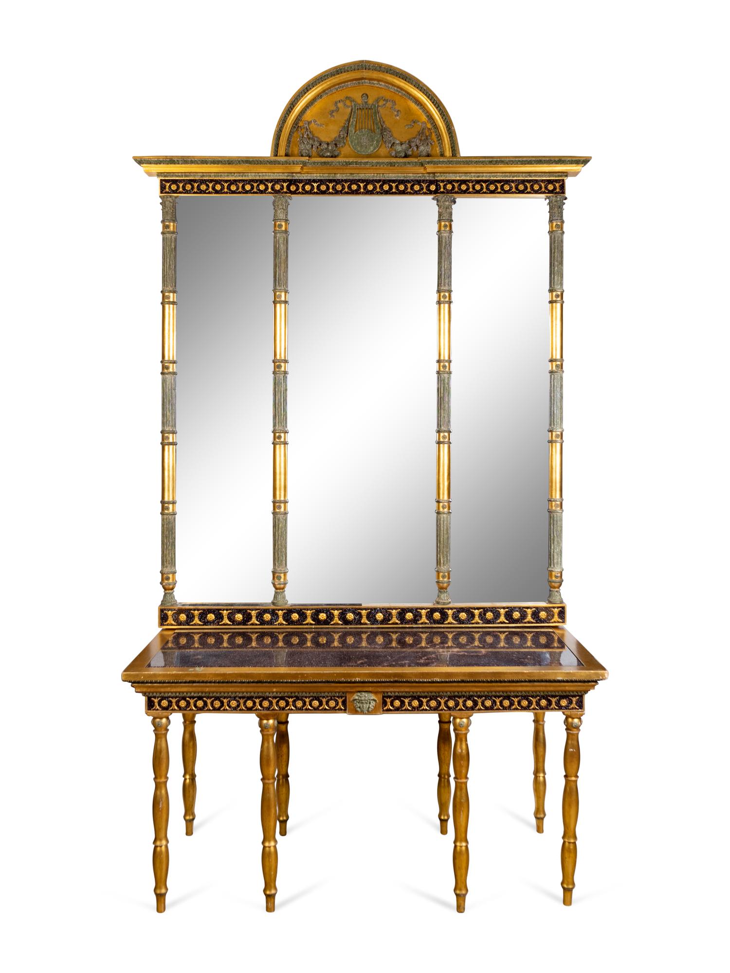 A Swedish Neoclassical Parcel-Gilt, Églomisé and Porphyry Console and Mirror — IN THE MANNER OF PETTER GUSTAF BYLANDER, EARLY 19TH CENTURY