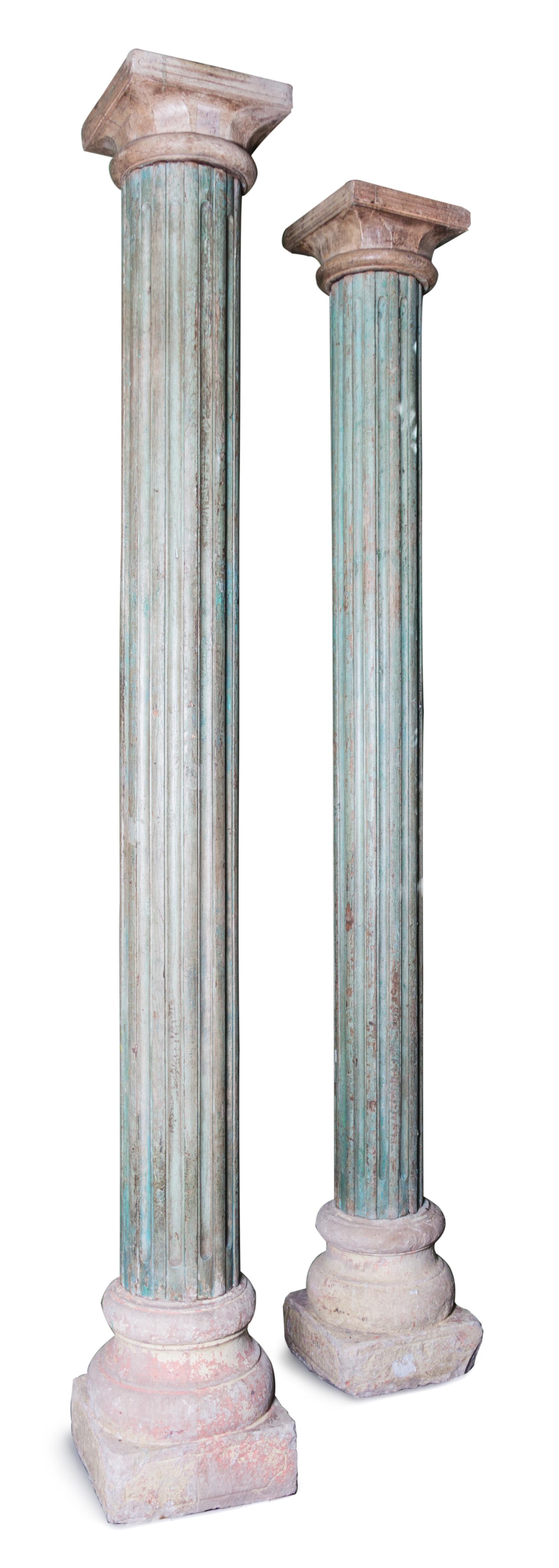 A Pair of Anglo-Indian Green Painted Fluted Wood Columns Height 117 inches. — 19TH CENTURY