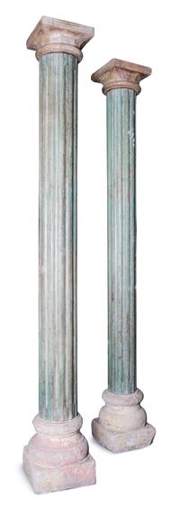 A Pair of Anglo-Indian Green Painted Fluted Wood Columns Height 117 inches. — 19TH CENTURY