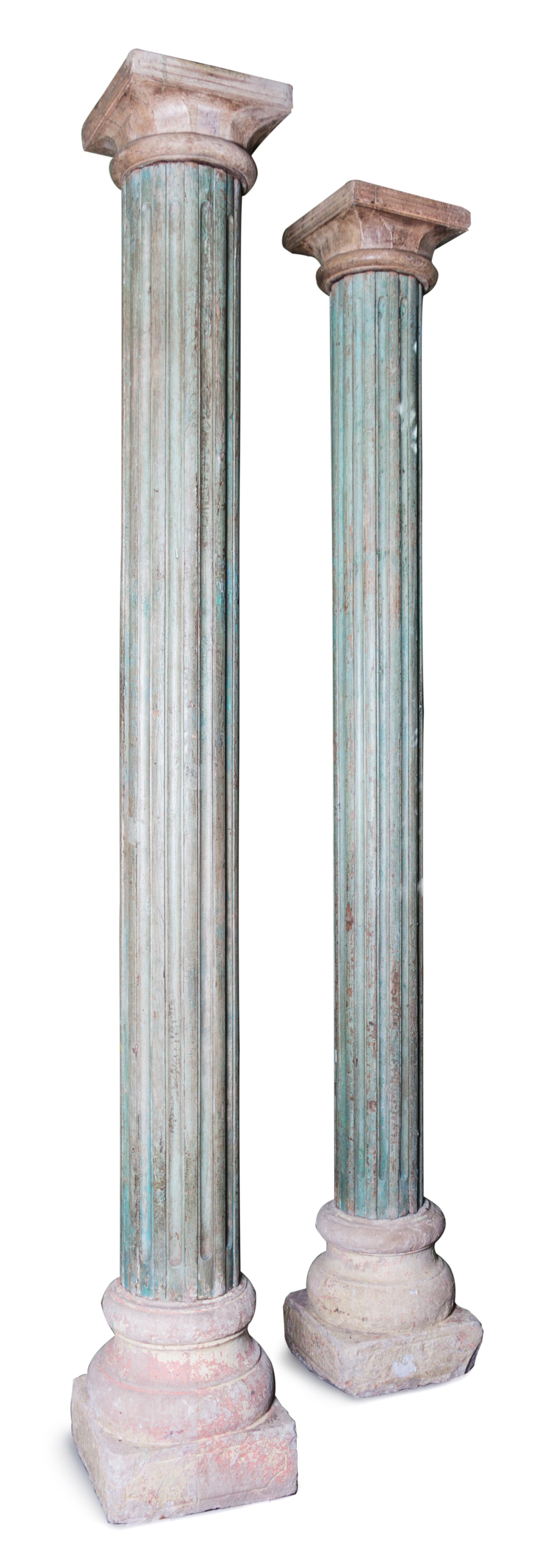 A Pair of Anglo-Indian Green Painted Fluted Wood Columns Height 117 inches. — 19TH CENTURY