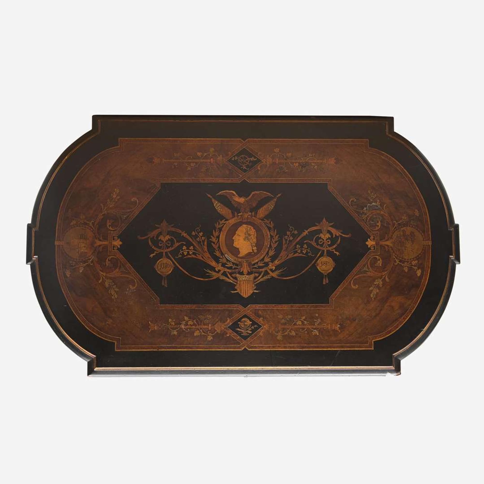 A Centennial inlaid, ebonized, and parcel gilt walnut center table Attributed to Kilian Bros. (active c. 1855-1920), New York, NY, circa 1876