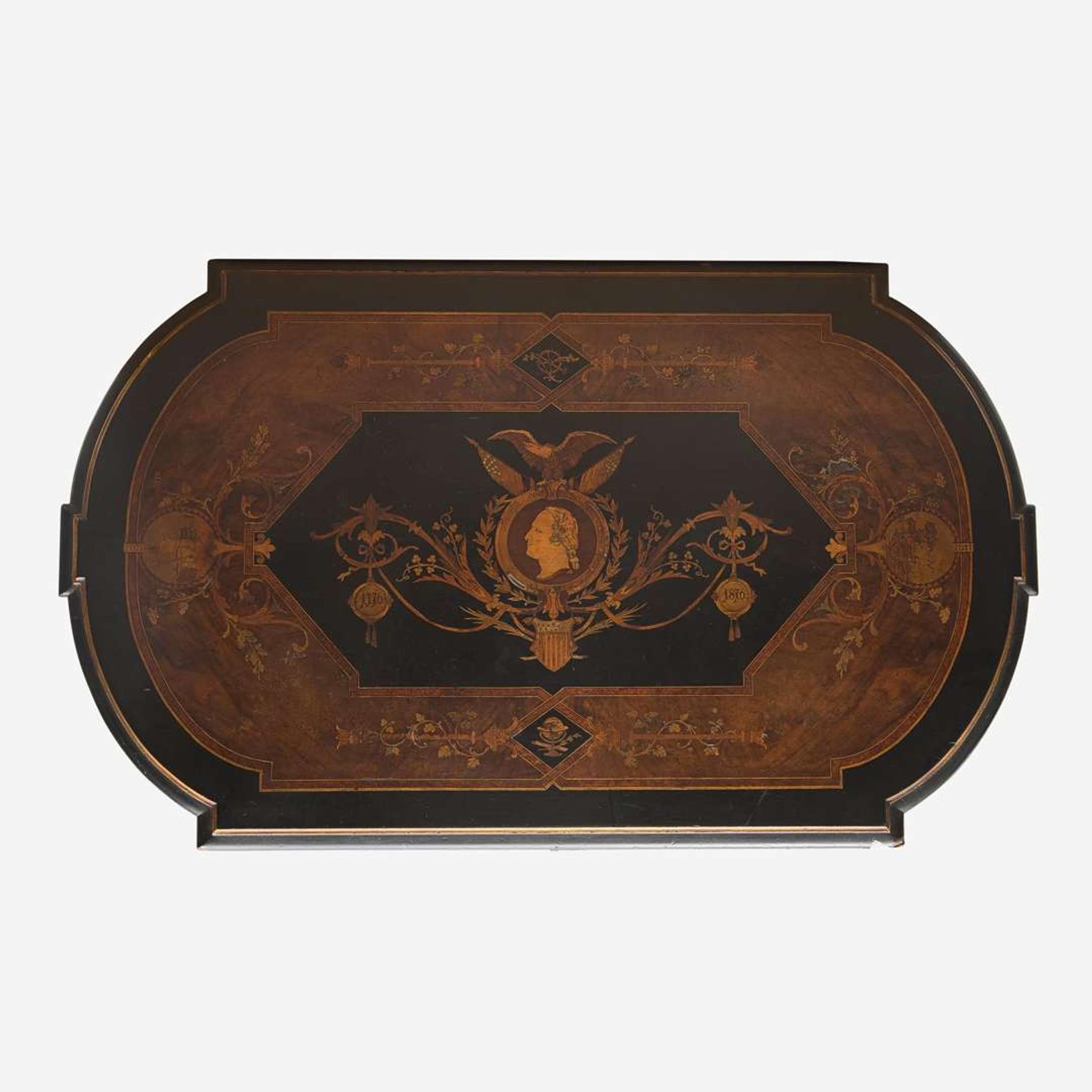 A Centennial inlaid, ebonized, and parcel gilt walnut center table Attributed to Kilian Bros. (active c. 1855-1920), New York, NY, circa 1876