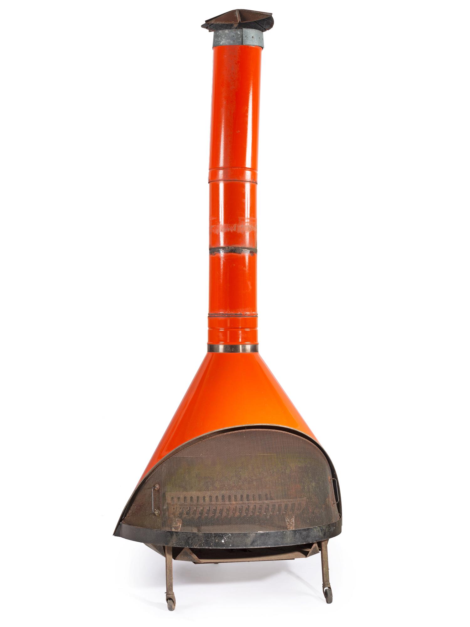 A Mid-Century Modern Orange Enamel Freestanding Fireplace