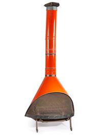 A Mid-Century Modern Orange Enamel Freestanding Fireplace